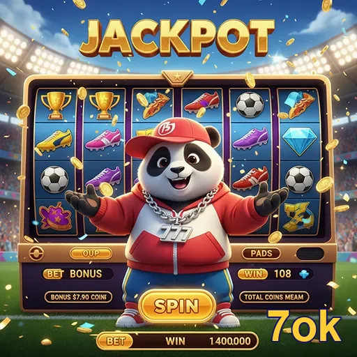 Imagem do jogo Jackpot Panda no site 7ok, mostrando um panda feliz com símbolos de sorte.